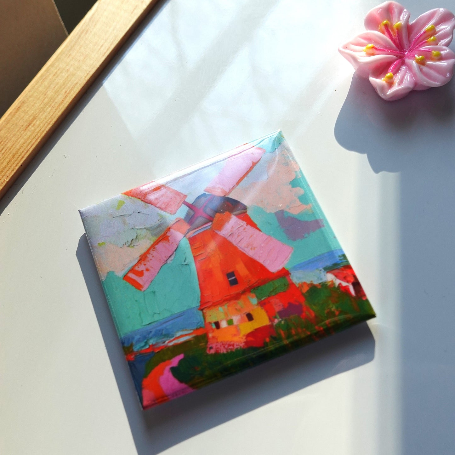 front view of amsterdam hand-painted windmill photo fridge magnet