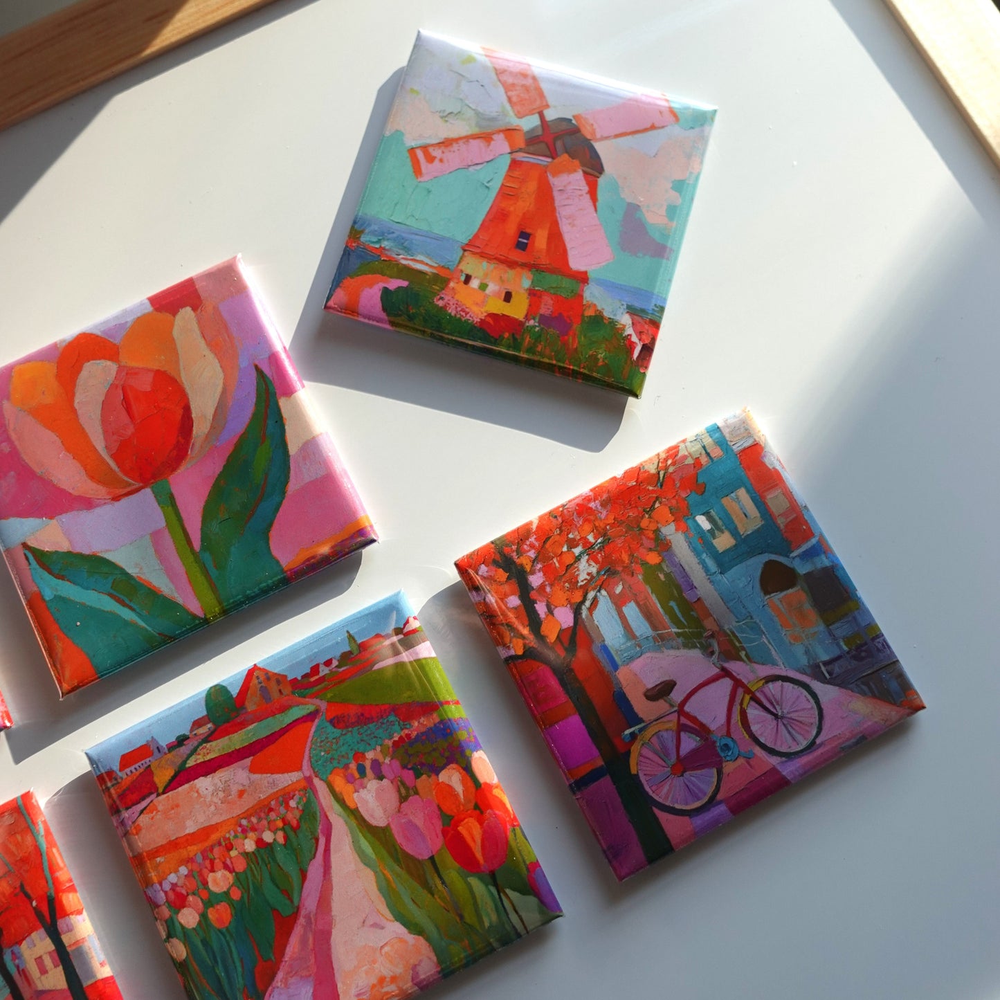 Lifestyle photo of Amsterdam collectible fridge magnets with artistic, painterly design